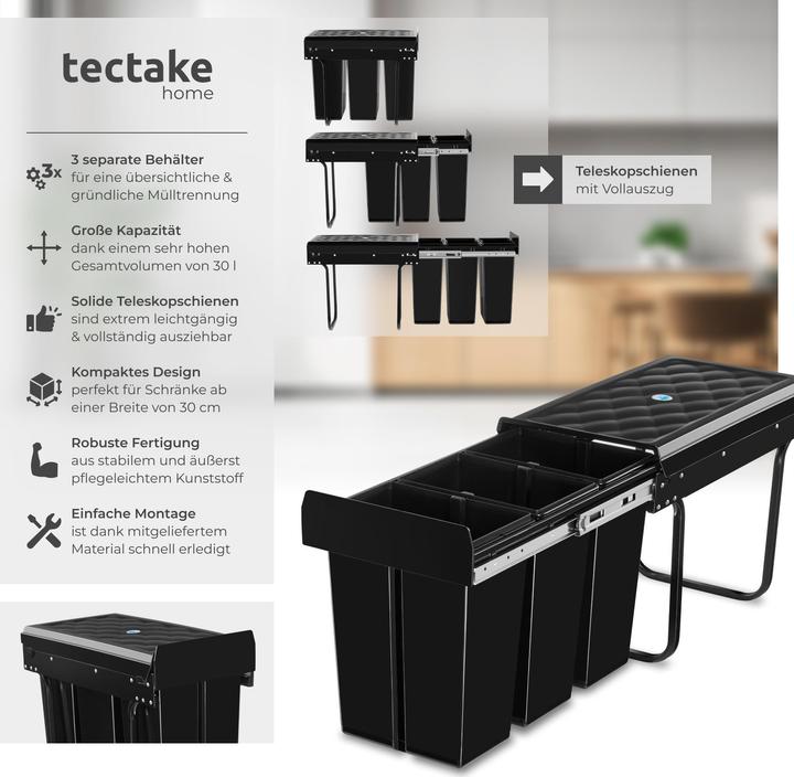 Actual product image tectake Abfallsammler Ashlyn, 3-fach Trennung, 30L, Teleskopschienen (30 l)