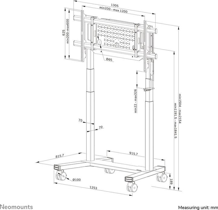 Produktbild Neomounts Rollwagen 1200x600 -160kg 75-115"/elektrisch höv/schwarz (115")