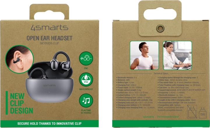 Produktbild 4smarts Open-Ear-Kopfhörer SkyBuds Clip Grau, Detailfarbe: Grau (NC, 6 h, Kabellos)
