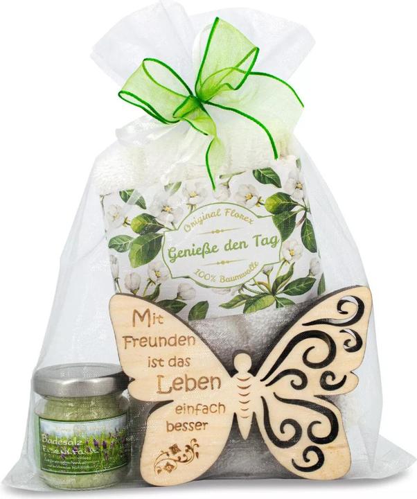 Immagine prodotto ZNatur Set regalo farfalla in legno di pino svizzero con incisione Con gli amici sali da bagno e (Set per la cura del corpo)