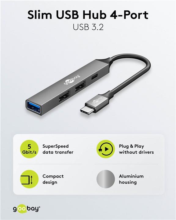 Image du produit Goobay Slim 4-Port USB-Hub, USB-C auf USB-C/USB-A, USB 3.2 (USB-C, 4 Ports)