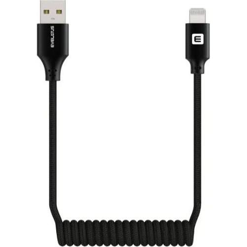 Evelatus Cable AutoSpring Coiled Cable USB A to Lightning 1.2M cable Black (1.20 m), Cavo USB