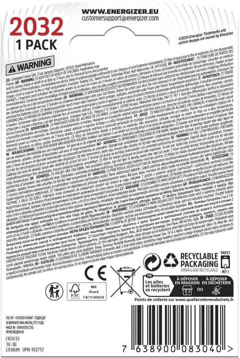 Productafbeelding Energizer CR2032 Lithium (1 Pcs., CR2032, 240 mAh)