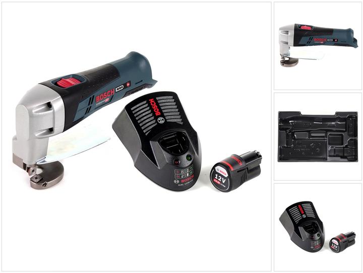 1x Bosch GSC 12 V-13 Professional cordless tin snips, 1x Bosch GBA 12 V 3.0 Ah Li-Ion battery, 1x Bosch GAL 1230 CV quick charger, 1x matching L-Boxx insert