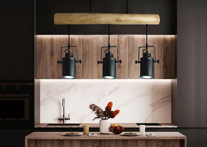 Image du produit Swisshandel24 Lampe à Suspendre, Industrial Vintage Bois Métal Noir - 3 Abat-jour Spot (E27)