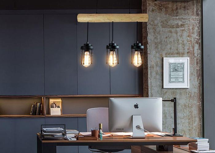 Immagine prodotto Swisshandel24 Lampada a sospensione, legno massiccio industriale vintage in metallo nero - 3 paralumi a gabbia (E27)