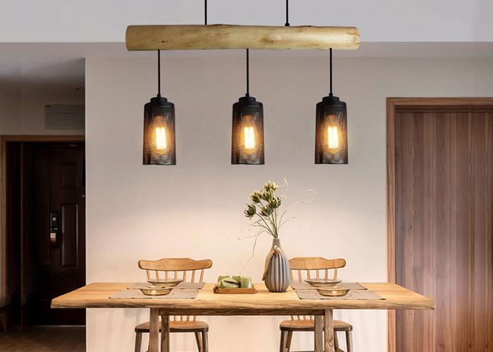 Actual product image Swisshandel24 Hanging Lamp, Industrial Vintage Solid Wood Metal Black - 3 Tube Lamp Shades (E27)
