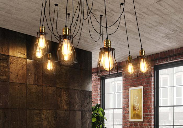 Immagine prodotto Swisshandel24 Lampada a sospensione, metallo industriale regolabile in altezza nero - 9x Lampada a gabbia Sc (E27)