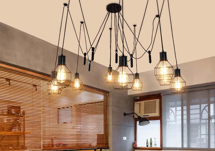 Actual product image Swisshandel24 Pendant Lamp Hanging Lamp, Industrial Metal Height Adjustable Black - 9x Lattice Lamps (E27)