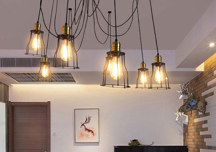 Produktbild Swisshandel24 Pendelleuchte Hängeleuchte Hängelampe, Industrial Metall höhenverstellbar schwarz - 7x Käfiglampensc (E27)