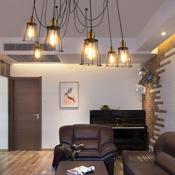 Produktbild Swisshandel24 Pendelleuchte Hängeleuchte Hängelampe, Industrial Metall höhenverstellbar schwarz - 7x Käfiglampensc (E27)