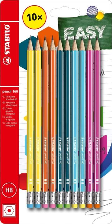 Produktbild STABILO Bleistift mit Radiergummi - pencil 160 HB sortiert - 10er Pack - je 2x gelb, orange, blau, p (2.20 mm, HB, 10 x)