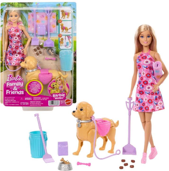 Produktbild Barbie Malibu Hundespaziergang Spielset, enthält Puppe, Hund zum Spazierengehen und Häufchenmachen