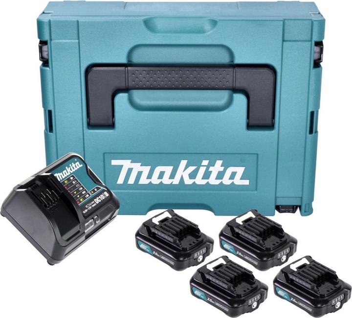 4x Makita BL 1021 B rechargeable battery 12 V 2.0 Ah (197396-9), 1x Makita DC 10 SB charger (197363-4), 1x Makita Makpac case, 1x matching insert