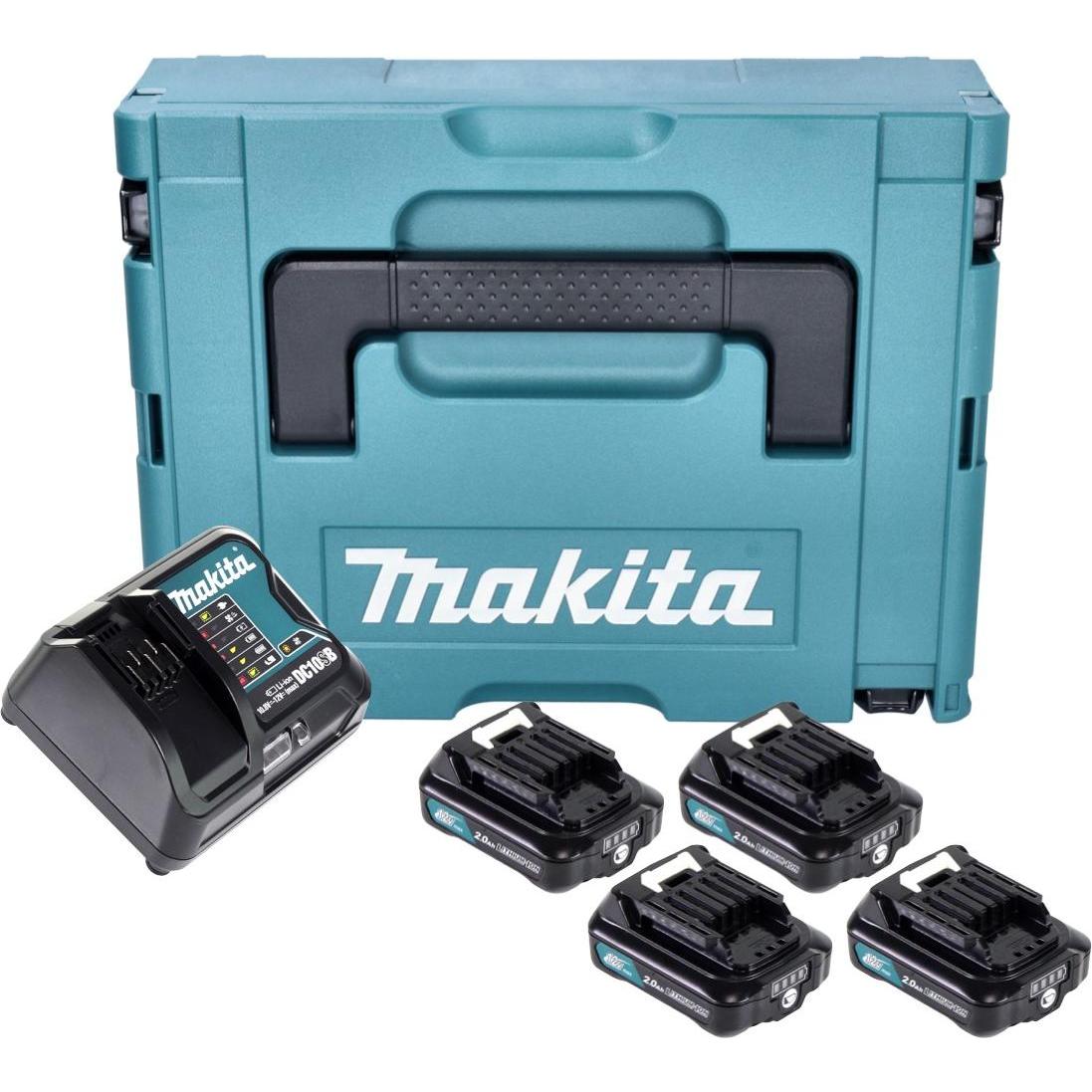 Makita, Batteria + Caricatore, Kit di alimentazione 4x BL 1021 B Batteria 12 V max. 2,0 Ah CXT ( 4x 197396-9 ) + Caricatore DC 10 (12 V)