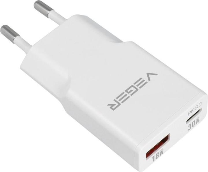 Produktbild Veger Adapter wall charger USB A + USB C QC PD 30W 30W1A1C white (30 W, 2 Ports)