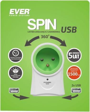 Immagine prodotto Ever SPIN T / LZ10-SPI000 / 0000 Presa multipla (1 x UTE, 2 x USB, 16 A (3680 W), bianco) (1x)