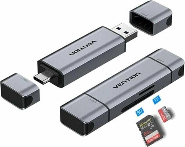 Actual product image Vention 2-in-1 USB 3.0 A+C Card Reader(SD+TF) Black Dual Drive Letter (Type-B)