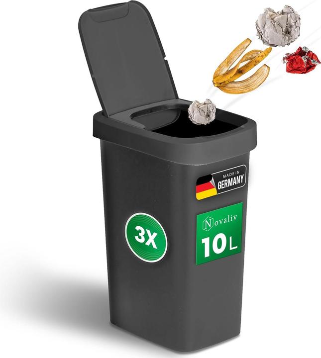 Image du produit Novaliv 3er-Set Mülleimer 10L mit 2in1 Deckel, Klappdeckel & Schwingdeckel, Anti-Geruch Abfalleimer (10 l)
