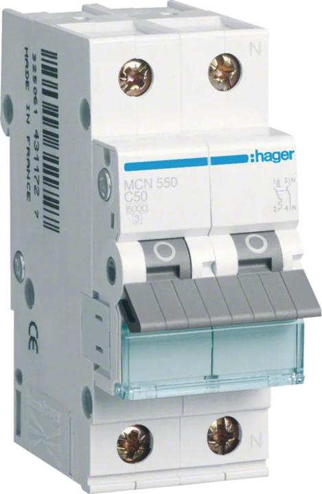 Actual product image Hager HAG MCN550 circuit breaker 1P+N 6kA C-50A 2M