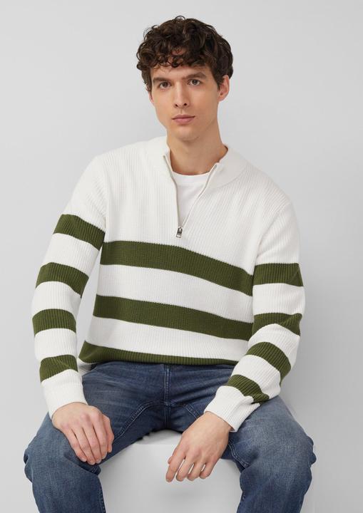 Produktbild s.Oliver Strickpullover Gestreifter Baumwoll-Strickpullover mit Troyer-Kragen (M)