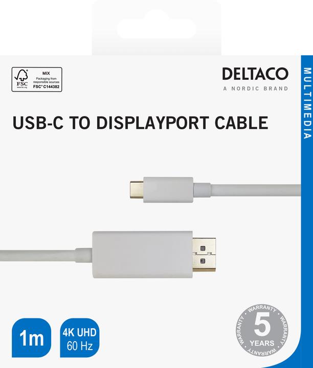 Produktbild Deltaco USB-C - DisplayPort kabelis 4K UHD, paauksuotos jungtys,, baltas / USBC-DP101-K / 00140013 (1 m)