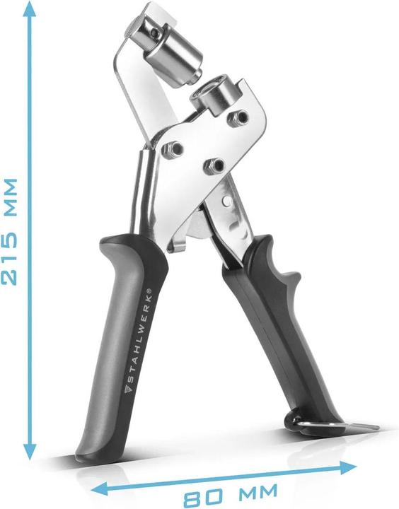 Immagine prodotto Stahlwerk Set di pinze per occhielli da 10 mm con foratura e 125 occhielli in acciaio temprato (215 mm)