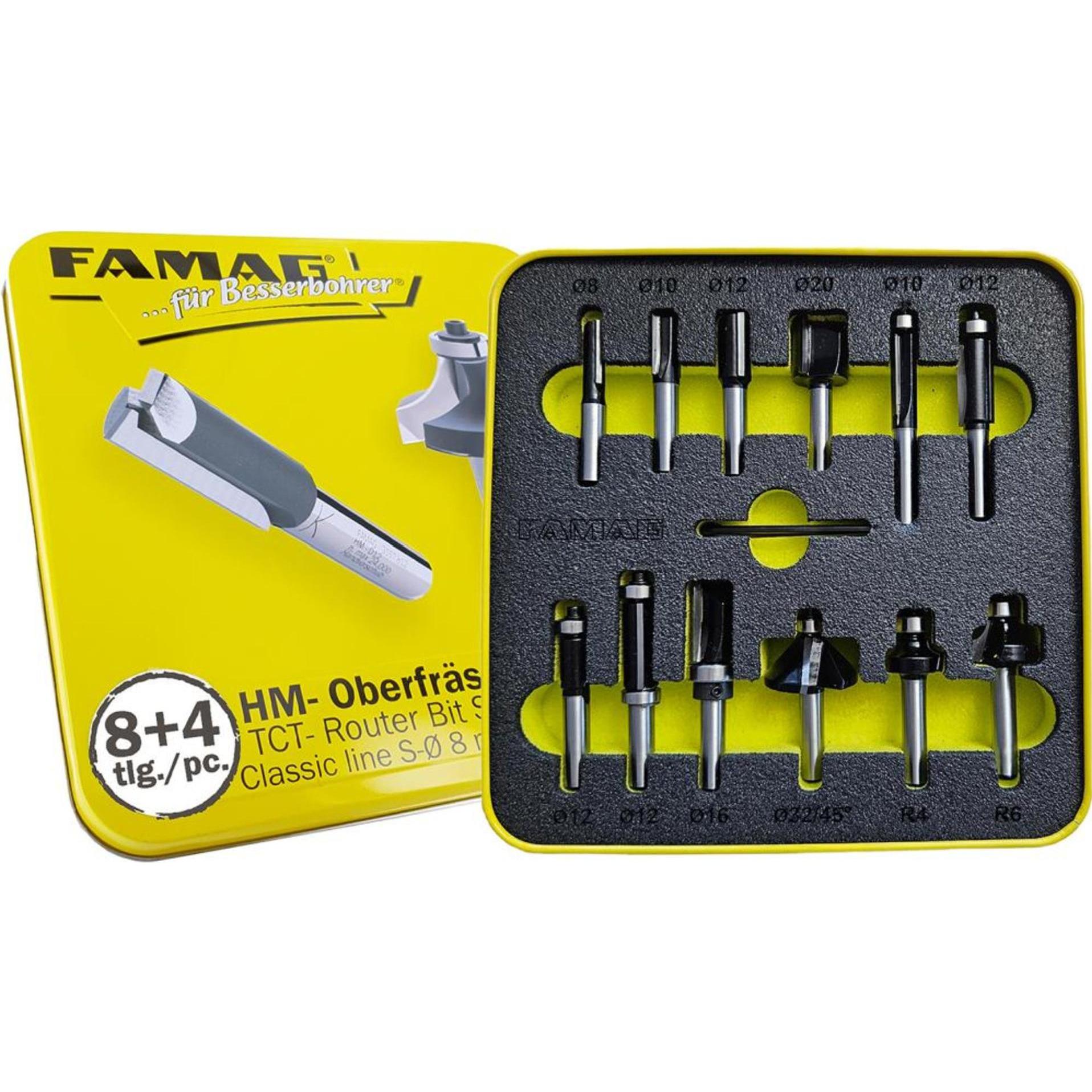 Magni, Punte per fresa, Set di frese in metallo duro Linea Classica 8+4 pezzi S8 mm in scatola di latta Famag