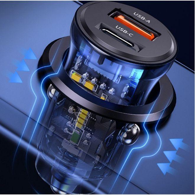 Actual product image Usams 30W Transparent USB-A + USB-C Mini Car Charger