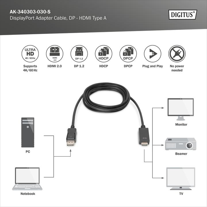 Produktbild Digitus DisplayPort — HDMI (Typ A) (3 m, DisplayPort, HDMI)