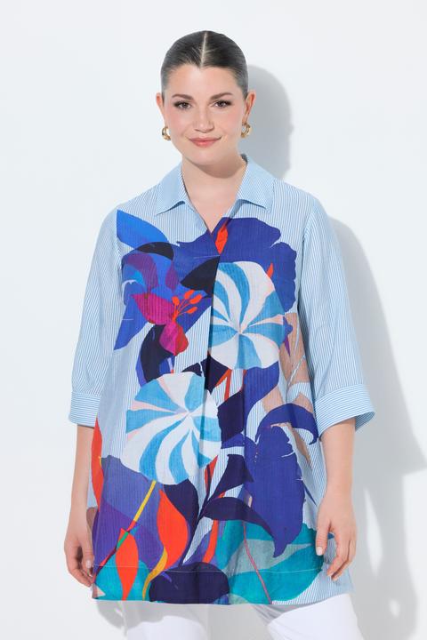 Immagine prodotto Ulla Popken Camicetta lunga, a righe/fiori, dal taglio lungo e svasato, colletto da camicia e maniche a 3/4 (58, 60)