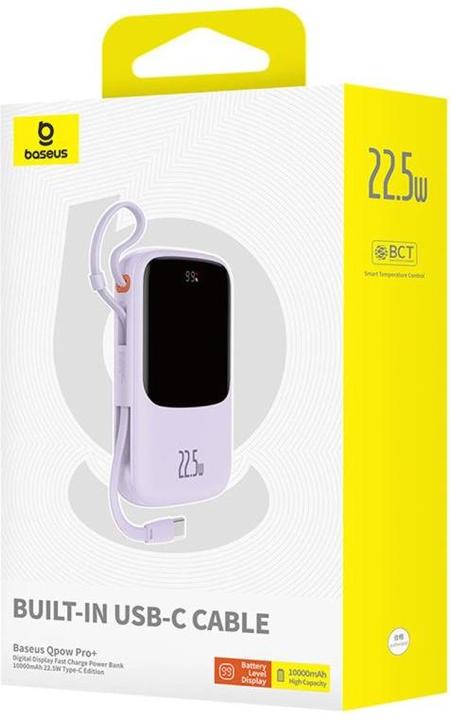 Actual product image Baseus Qpow Pro+ 10000mAh 22.5W powerbank with integrated USB-C cable and display - Purple (10000 mAh, 22.50 W)