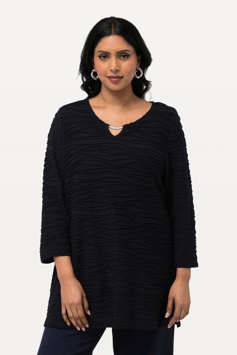 Image du produit Ulla Popken T-shirt à col rond et manches 3/4, texture ondulée, découpe fantaisie (42, 44)