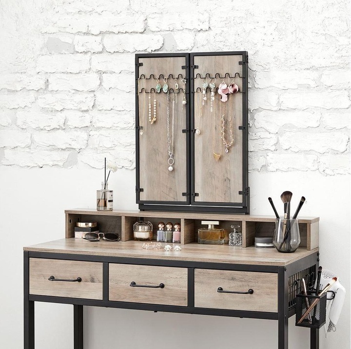 Image du produit Vasagle Schminktisch mit Hocker und Spiegel Greige/Schwarz, Tiefe (90 x 40 x 141 cm)