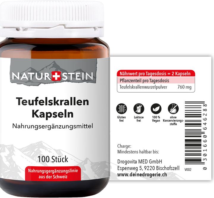 Valeurs nutritives et ingrédients Naturstein Teufelskrallen Kapsel (100 pièce(s), Capsules, 149 g)