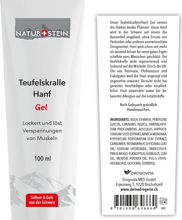 Valeurs nutritives et ingrédients Naturstein Gel de griffe du diable / chanvre (1 x, 100 ml, 111 g)