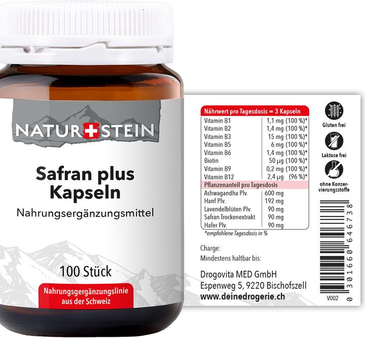 Nutritional values and ingredients Naturstein Safran plus (100 Piece, Capsules, 147 g)