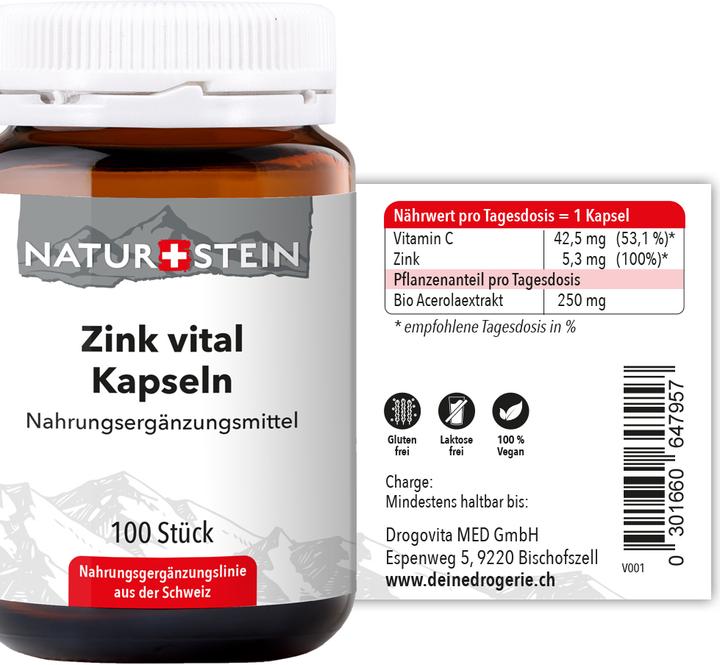 Valeurs nutritives et ingrédients Naturstein Zinc Vital (100 pcs, Capsules, 135 g)