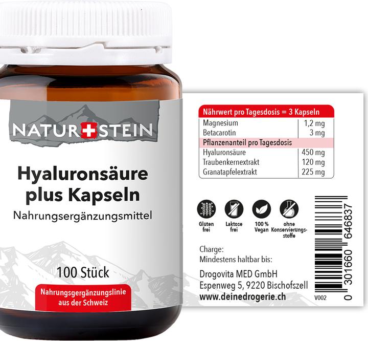 Valori nutrizionali e ingredienti Naturstein Hyaluronsäure plus (100 Pezzo/i, Pillole, 136 g)