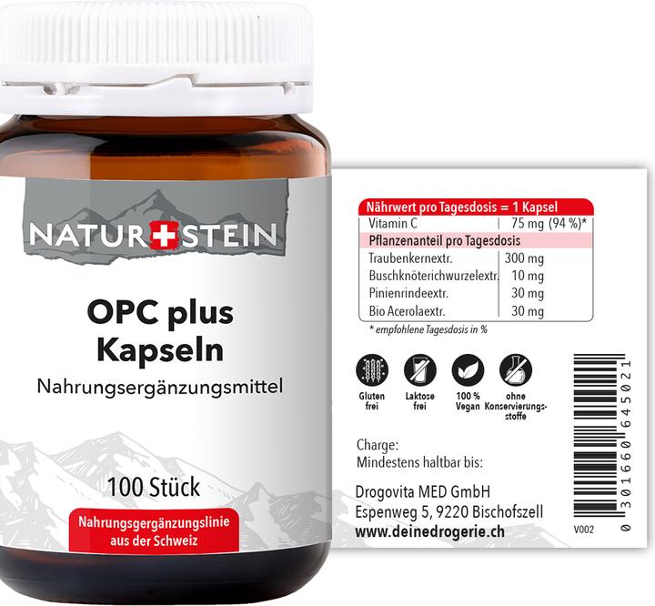 Valeurs nutritives et ingrédients Naturstein OPC Rotwein Kapsel (100 pièce(s), Capsules, 153 g)