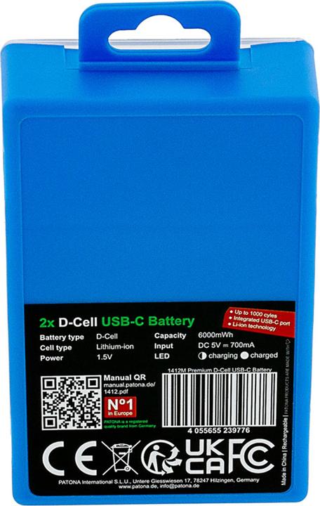 Immagine prodotto Patona Batteria ricaricabile premium 2X LR20 USB-C (Batteria della fotocamera)