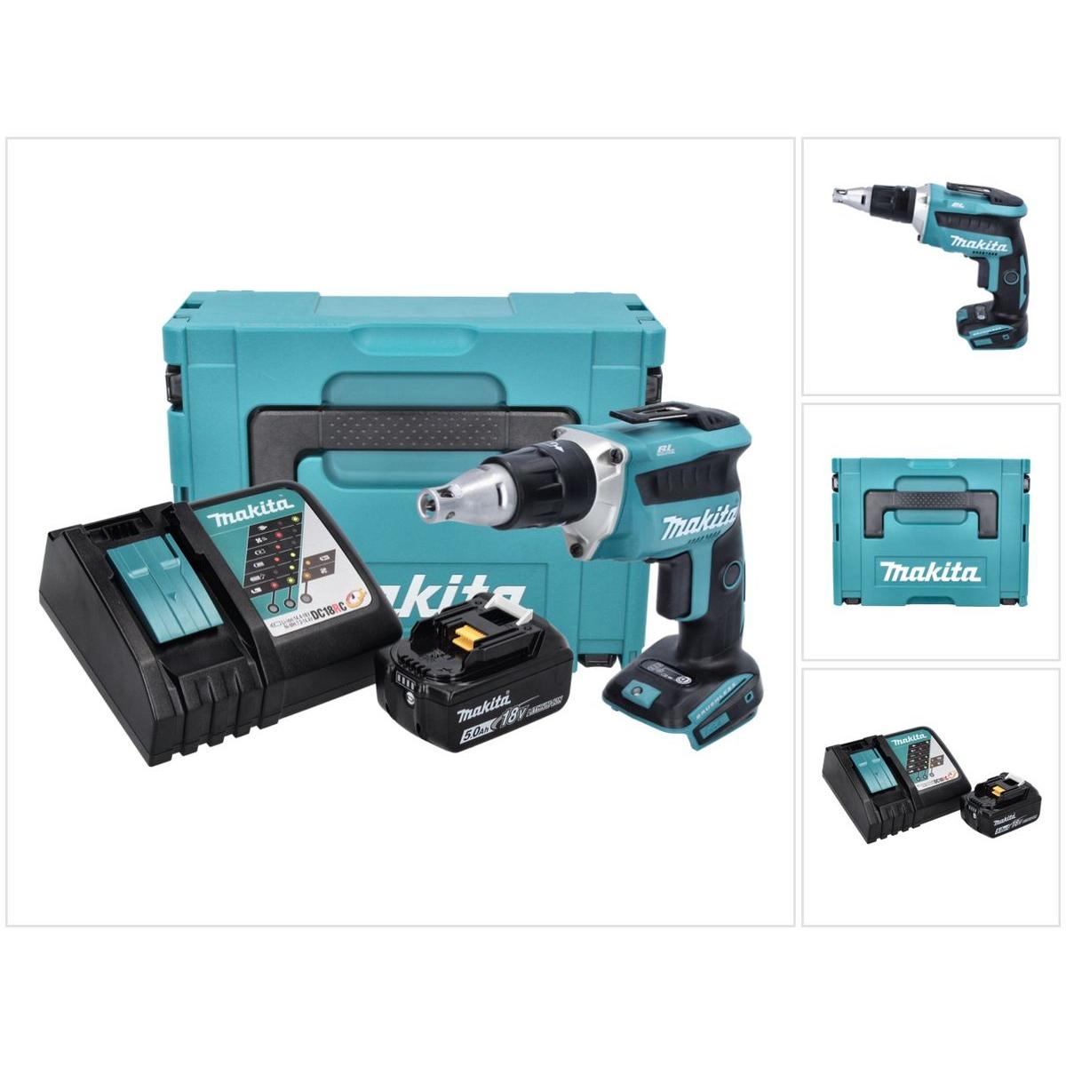 Makita, Bohrmaschine + Akkuschrauber, DFS 452 RT1J Akku Schnellbauschrauber 18 V Brushless + 1x Akku 5,0 Ah + Ladegerät ...
