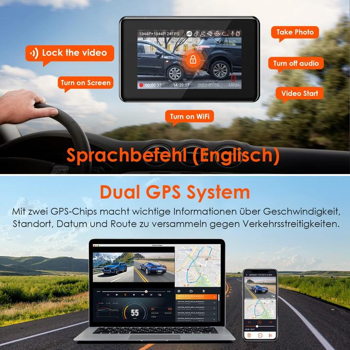 Immagine prodotto Vantrue E2 Dual 1944P Dashcam (Display integrato, Ricevitore GPS, WiFi, 2.7K)