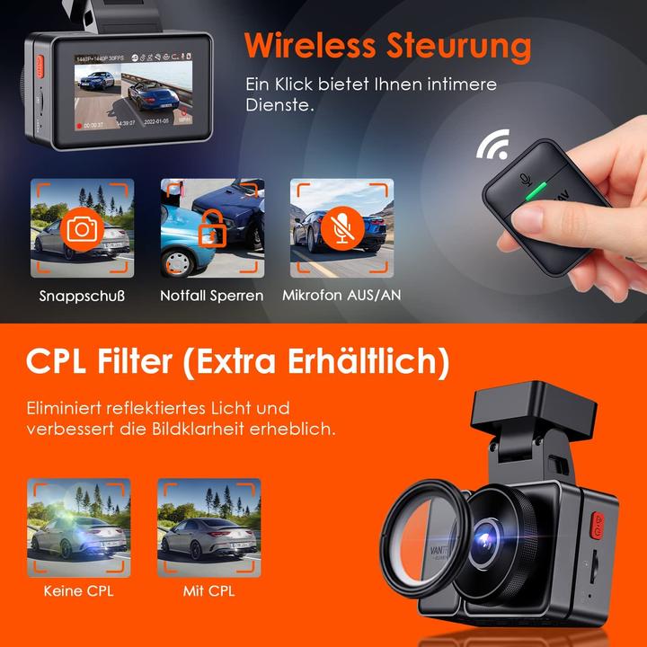 Immagine prodotto Vantrue E2 Dual 1944P Dashcam (Display integrato, Ricevitore GPS, WiFi, 2.7K)