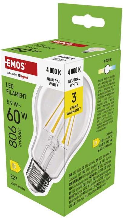 Image du produit Emos Ampoule LED filament A60 / E27 / 5,9 W (60 W) / 806 lm / Blanc neutre (E27, 5.90 W, 806 lm, 1 x, D)