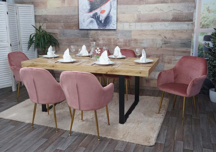 Actual product image Swisshandel24 6x Dining Chair HWC-F18, Chair Kitchen Chair, Retro Design - Velvet Old Pink, Golden Legs