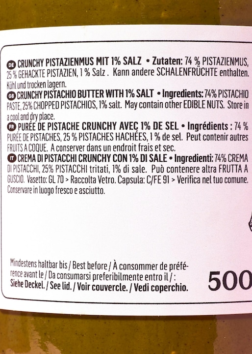 Nutritional values and ingredients KoRo Crunchy pistachio puree with 1 % salt (500 g)