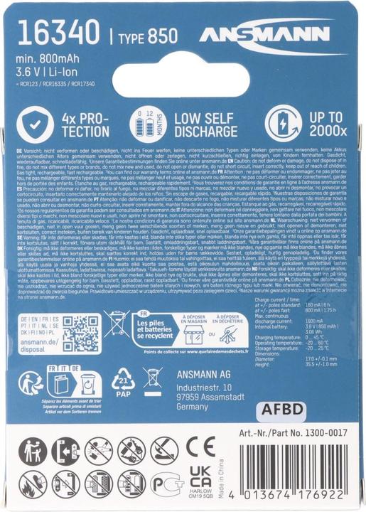 Productafbeelding Ansmann 16340 Li-Ion accu 850mAh 3,6V standaard versie (1 Pcs., C, 850 mAh)