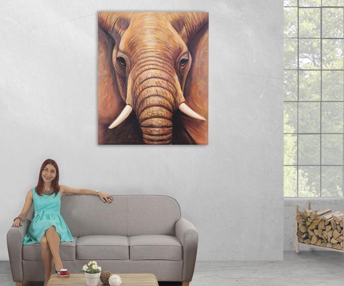 Image du produit Swisshandel24 Peinture à l'huile Gros plan sur un éléphant, peinture murale 100% peinte à la main XL, 120x100cm (120 x 100 cm)