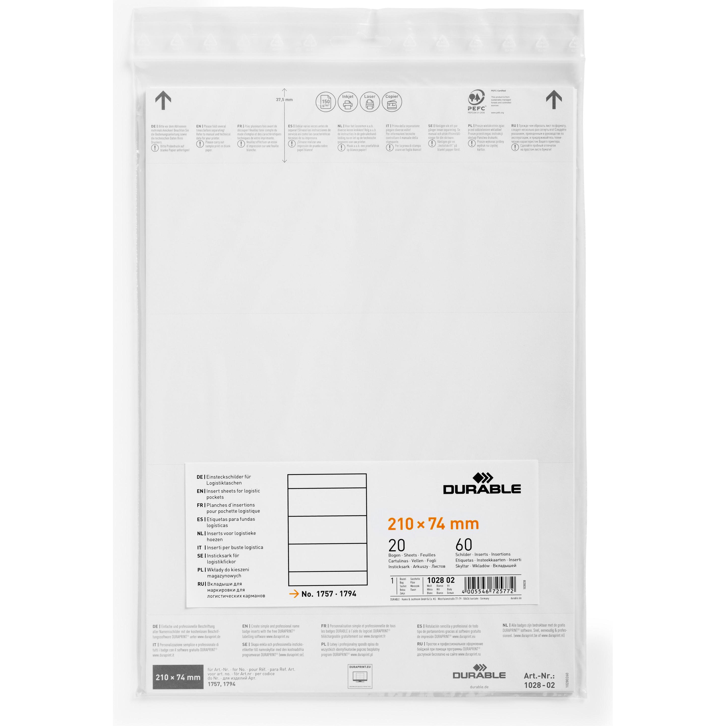 Durable, Informationsschild, Einsteckschild 210 x 74 mm (B x H) 150g/m² Papier weiss 60 St./Pack.